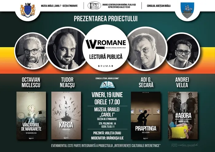 Proiectul literar „IV Romane”! Octavian Miclescu, Tudor Neacșu, Adi Secară și Andrei Velea vin în Brăila!