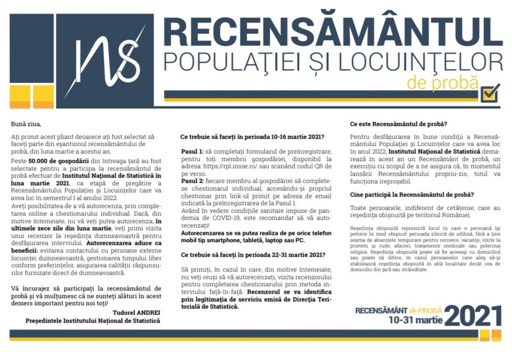 Recensământul de probă al Populației și Locuințelor se desfășoară în perioada 10-31 martie