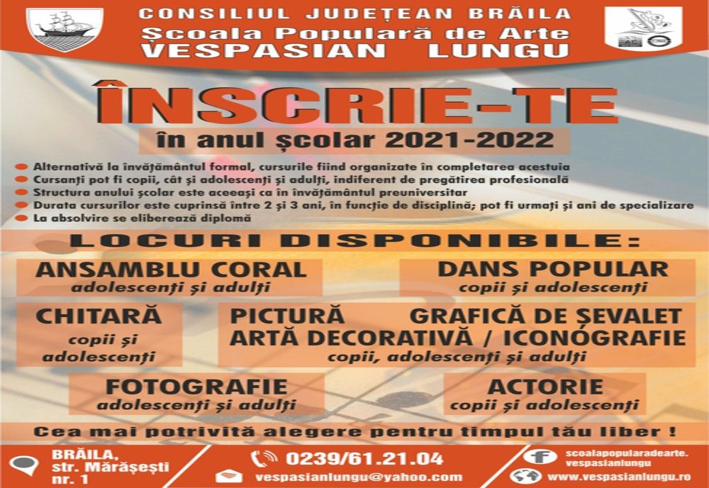 Înscrieri la Școala Populară de Arte Vespasian Lungu