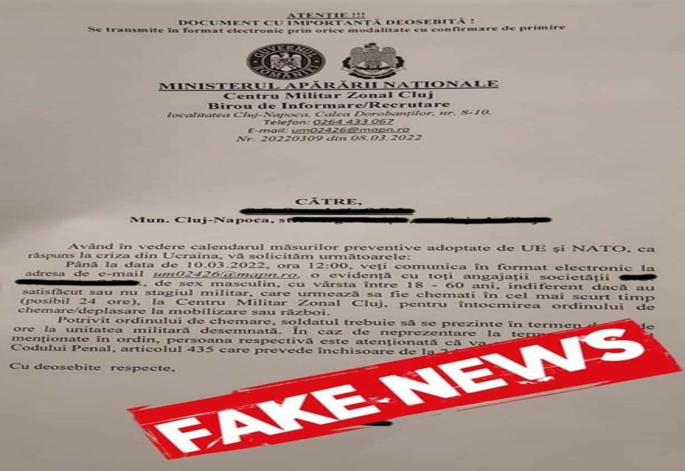 Ministerul Apărării atrage atenția astăzi asupra unui nou fake- news 