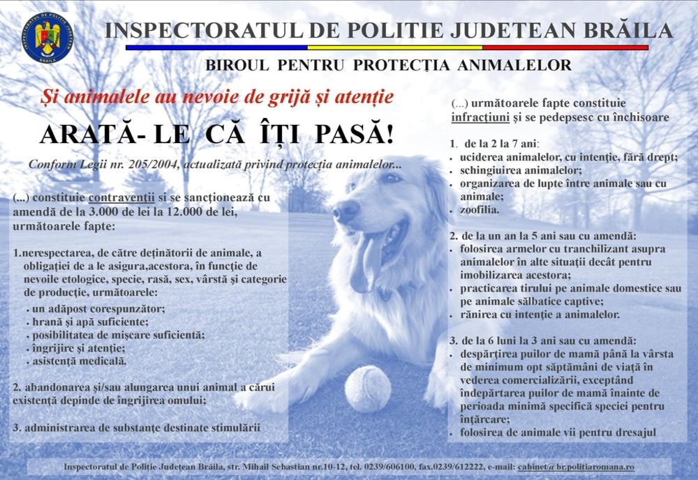 Acțiuni ale polițiștilor brăileni pentru înștiințarea populației cu privire la aceste modificări la legislația privind protecția animalelor