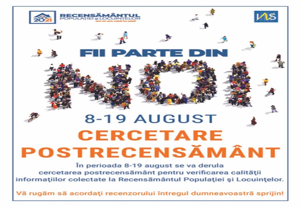În perioada 8-19 august se desfășoară cercetarea statistică postrecensământ