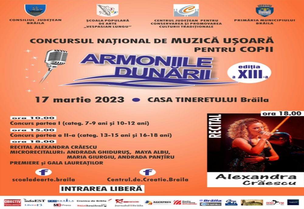 Zeci de tineri interpreți vor participa vineri, 17 martie, la Concursului naţional de muzică uşoară pentru copii „ARMONIILE DUNĂRII” Brăila