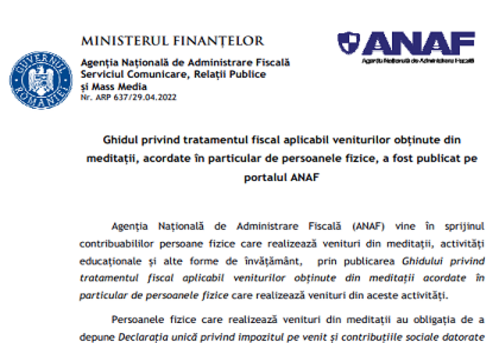 ANAF a publicat pe site “Ghidul privind tratamentul fiscal aplicabil veniturilor obţinute din meditaţii acordate în particular de persoanele fizice”