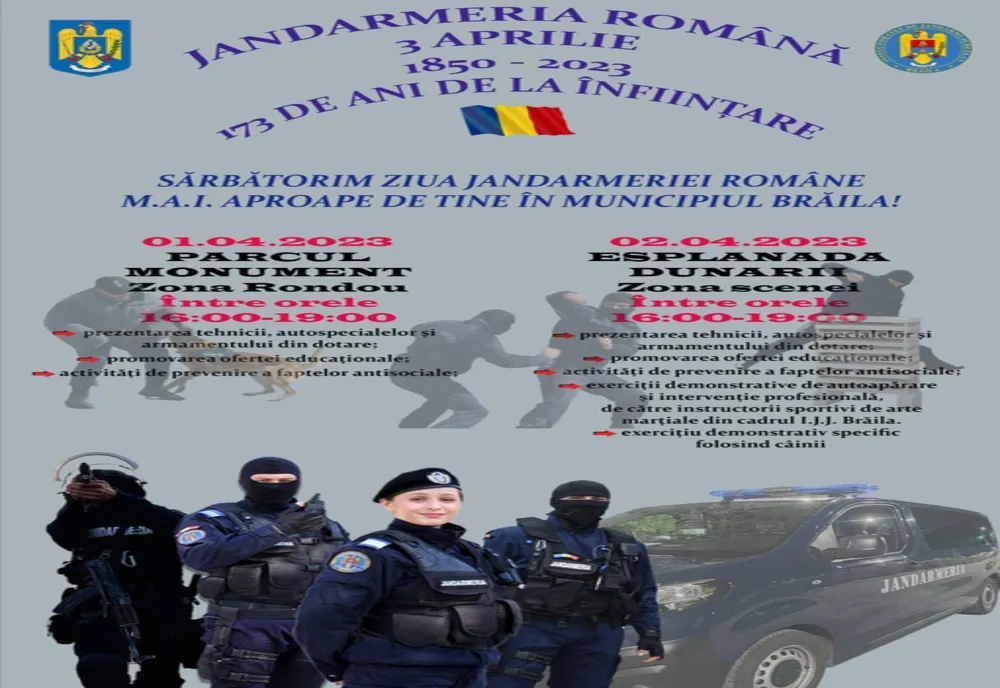 Jandarmeria, la ceas aniversar. Activități desfășurate de IJJ Brăila în perioada 28 martie - 2 aprilie