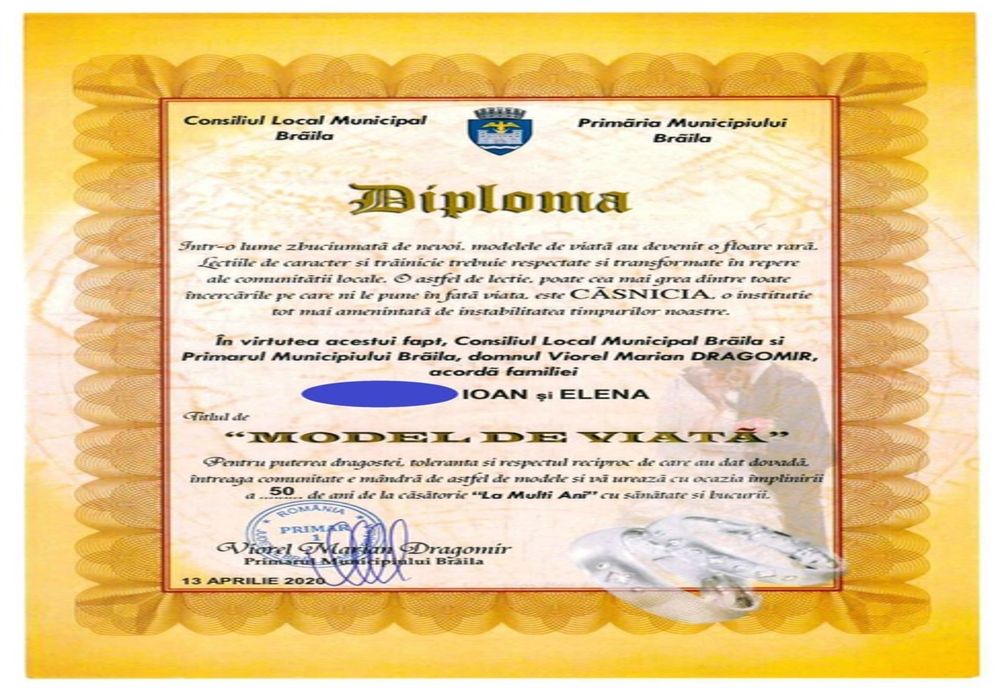 184 de familii de brăileni premiate la împlinirea a 50 de ani de căsnicie