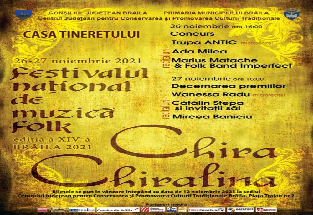 Mircea Baniciu, Ada Milea, Trupa Antic, Marius Matache&Folk Band Imperfect și Wanessa Radu, vor susține recitaluri la Festivalul naţional de folk Chira Chiralina