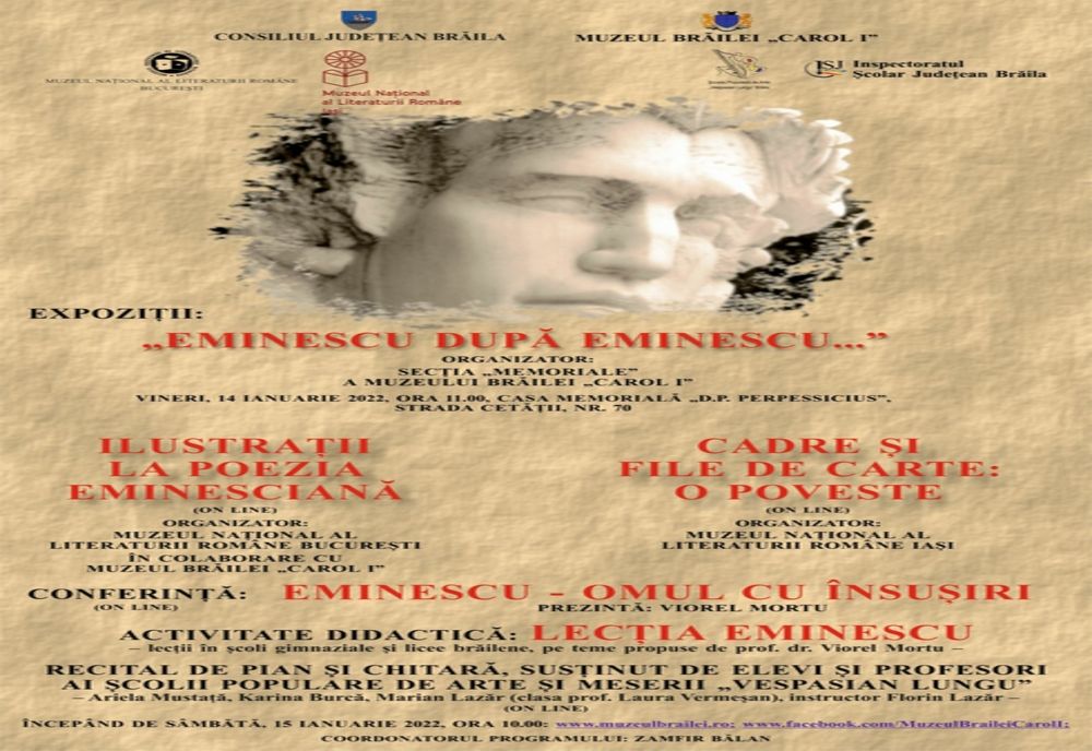 Muzeul Brăilei „Carol I” organizează activități dedicate Zilei Culturii Naționale și aniversării nașterii poetului Mihai Eminescu