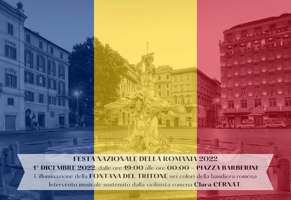 Fontana del Tritone va fi iluminată în culorile drapelului României pentru a marca Ziua Națională a României 2022