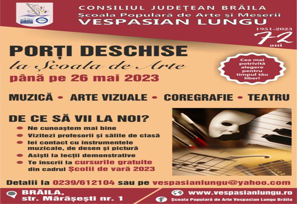 Până pe 26 mai 2023, Şcoala Populară de Arte şi Meserii „Vespasian Lungu” Brăila organizează zilele porţilor deschise